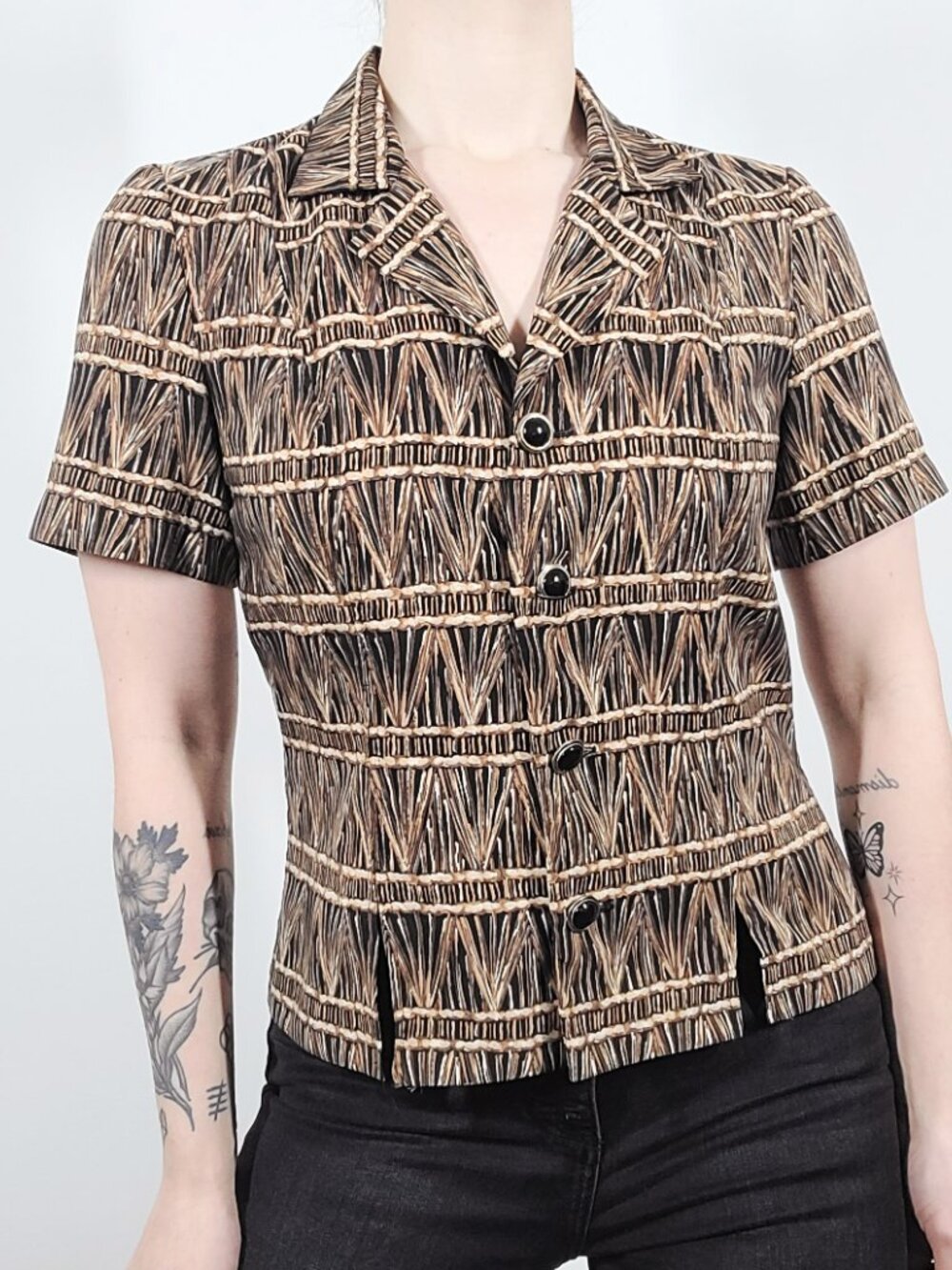 Retro Brown Patterned Short Sleeve Top